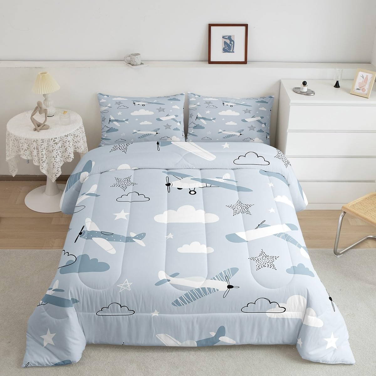Cartoon Airplanes Kids Comforter Set Queen Size,Cute Aircraft Toddler Bedding Set For Boys Girls Adults,Starry Clouds Outer Spac